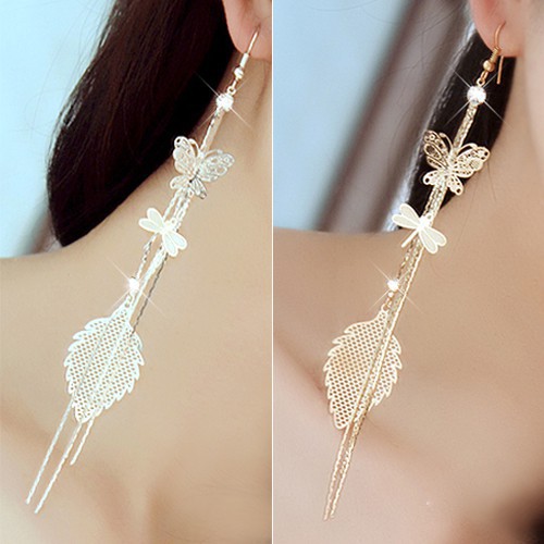 Bông tai dài đính đá họa tiết bướm/lá/chuồn chuồn sang trọng dành cho nữ