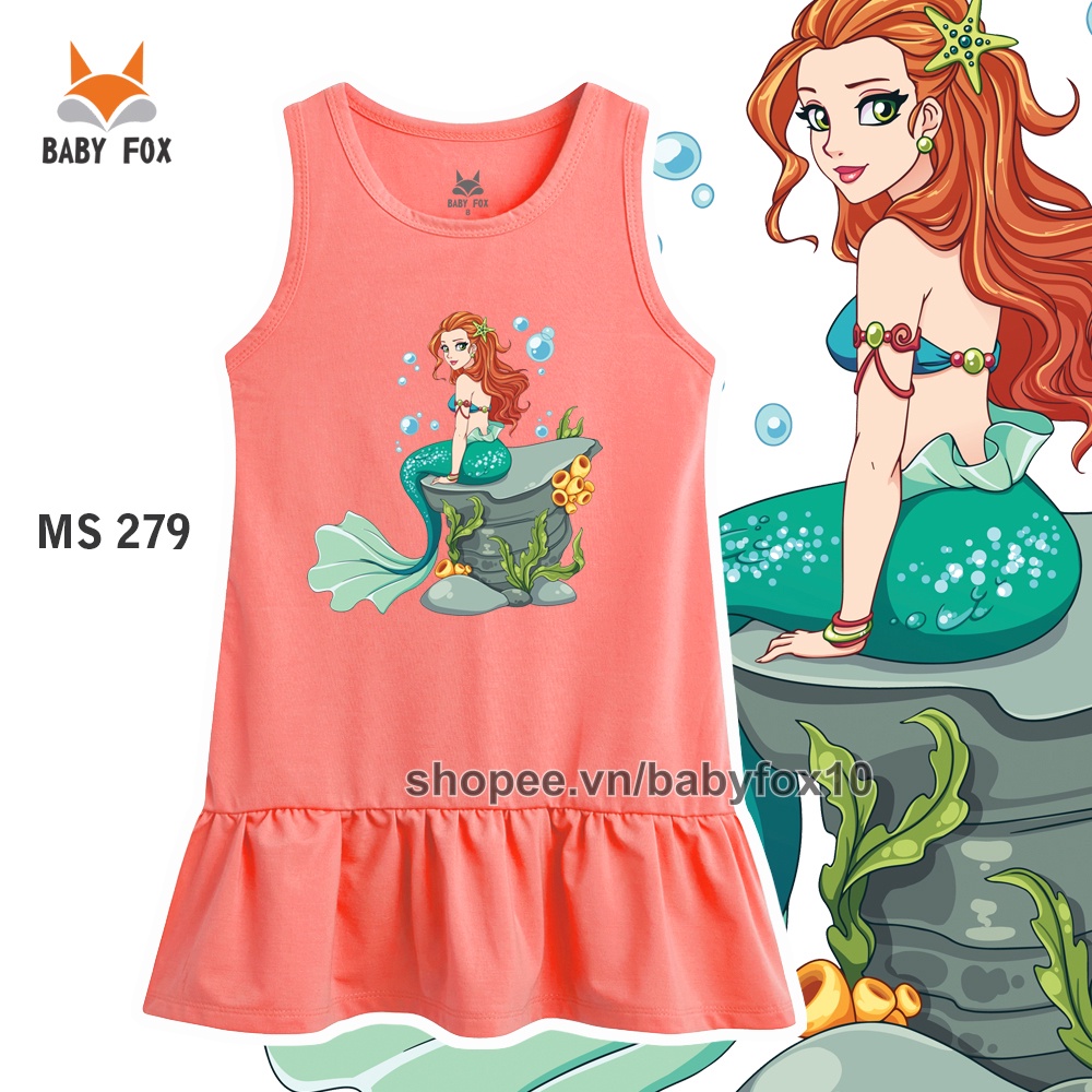 Váy đầm bé gái thun 100% cotton vải tốt, thương hiệu BABY FOX, in nàng tiên cá, size nhỏ, trung, đại c