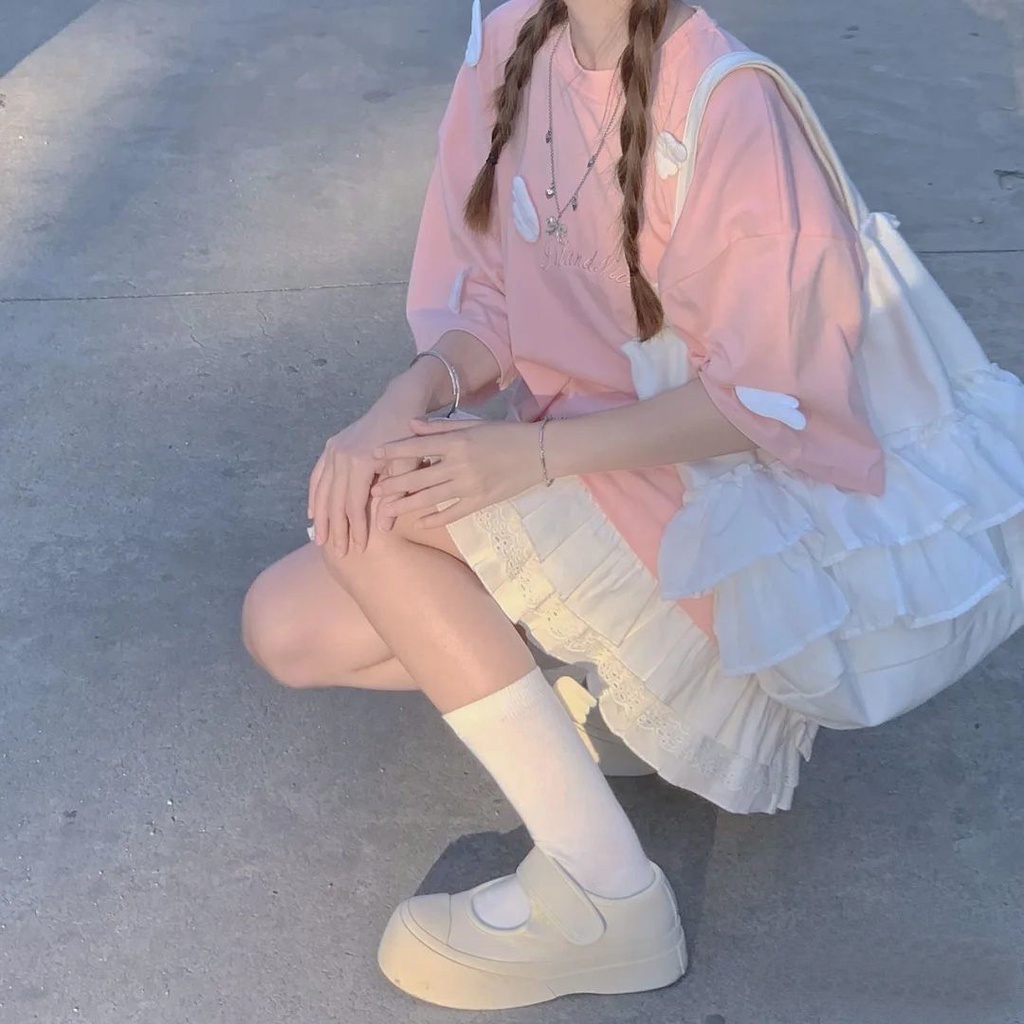 Set Áo Thun Hồng Dáng Rộng + Chân Váy Tầng Dễ Thương Cho Nữ