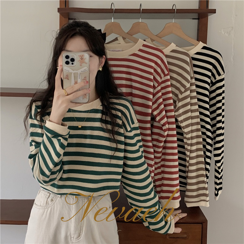 Nevaeh Áo Thun Tay Dài Dáng Rộng Họa Tiết Kẻ Sọc Màu Tương Phản Thời Trang Mùa Thu Cao Cấp Dành Cho Nữ