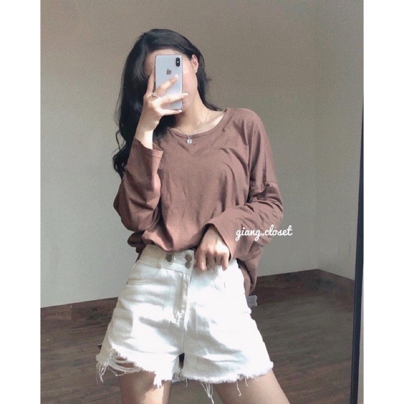 Áo phông dài tay cổ tròn cottong xước dáng rộng