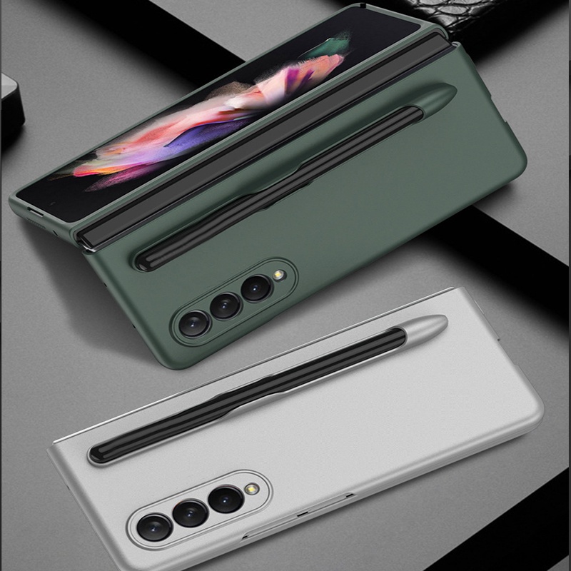 Ốp Điện Thoại Pc Cứng Siêu Mỏng Chống Sốc Màu Trơn Có Ngăn Đựng Bút Cho Samsung Galaxy Z Fold 3 1