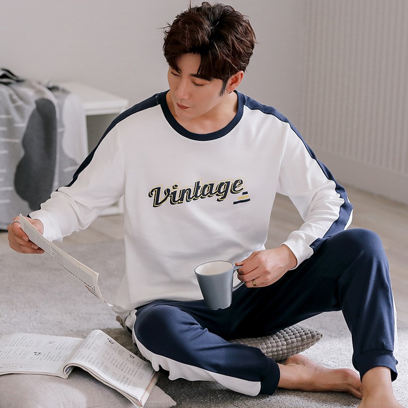 {ẢNH THẬT} BỘ THU ĐÔNG NAM Chất vải Cotton 100% đồ ngủ nam mặc ở nhà được 4 mùa style Hàn Quốc trẻ trung & thoải mái