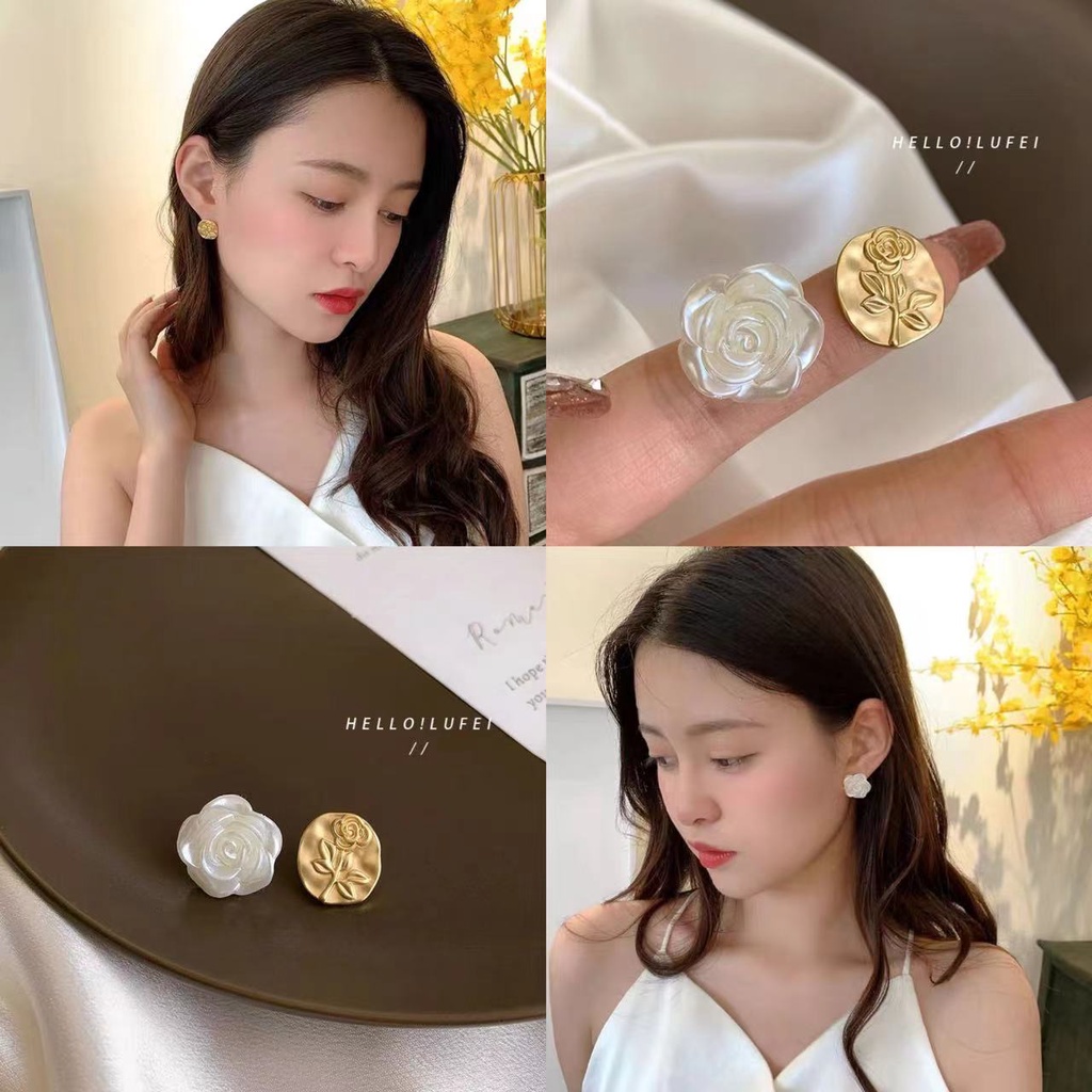 Khuyên Tai Kim Loại Họa Tiết Hoa Hồng Phong Cách retro