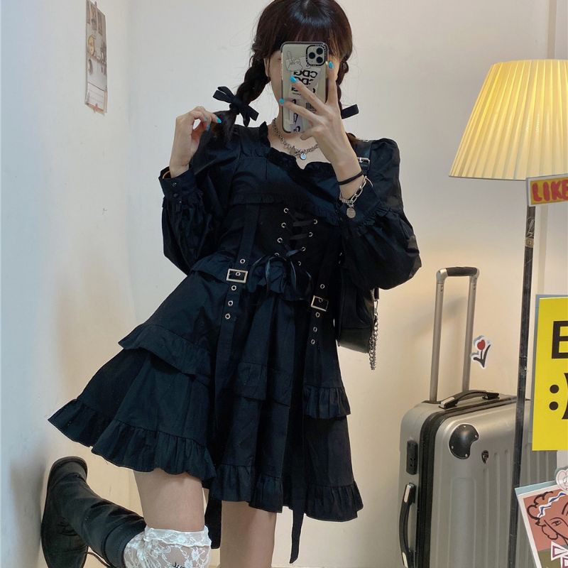 [Có Ảnh Thật - Order Hàng Loại 1] (L2) Váy đầm Gothic Lolita đan nơ ôm dáng phong cách Hàn Quốc loại đẹp