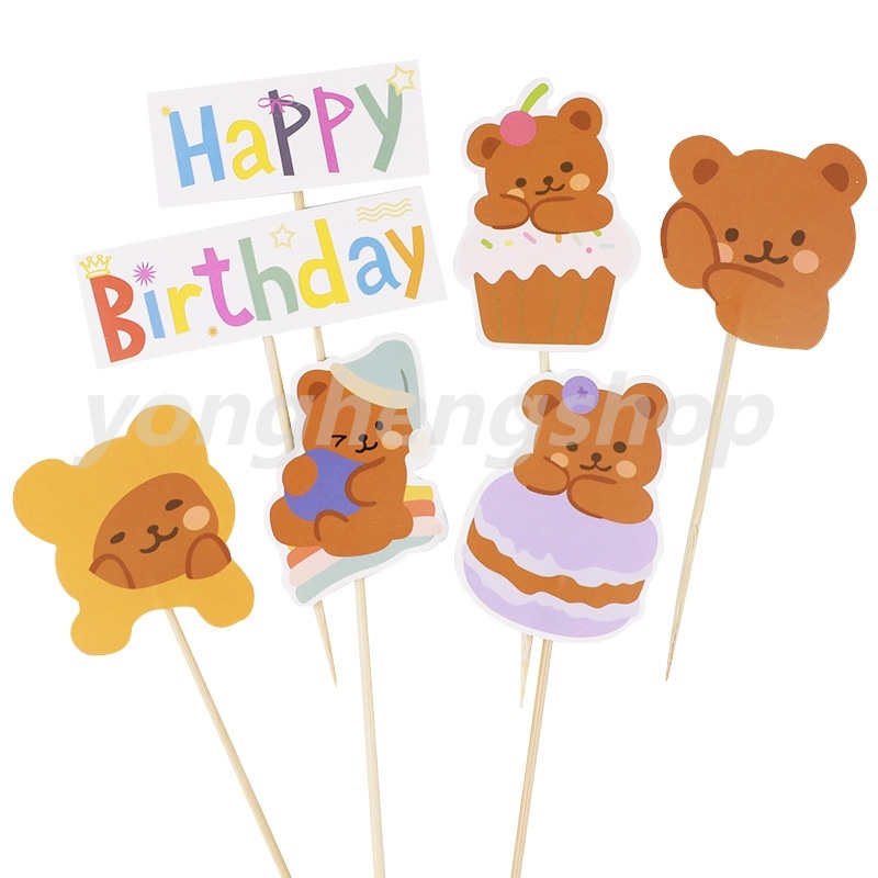 Set 7 Que Cắm Trang Trí Bánh Kem Hình Gấu Hoạt Hình Dễ Thương