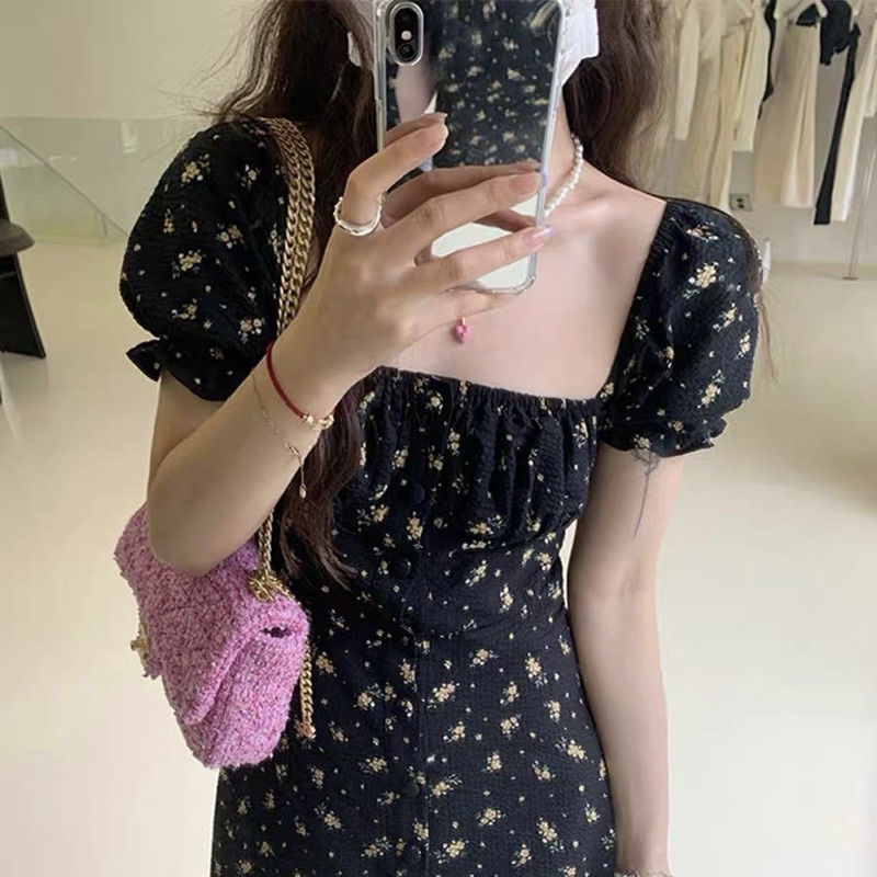 🦋Đầm MiDi Đen Hoa Cổ Vuông Xẻ Đùi🦋