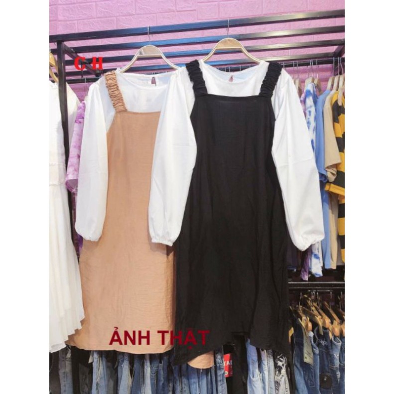 [RẺ VÔ ĐỊCH] Sét Váy Yếm Kaki 2 Dây Rúm Kèm Áo Sơ Mi Tay Bồng 🦋 Bộ Váy Kèm Áo Sơ mi Korea Chất Đũi voan lụa mềm 🦋