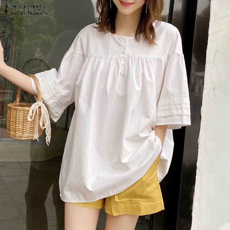 Áo ZANZEA tay áo loe cổ áo thiết kế xếp ly thời trang cho nữ