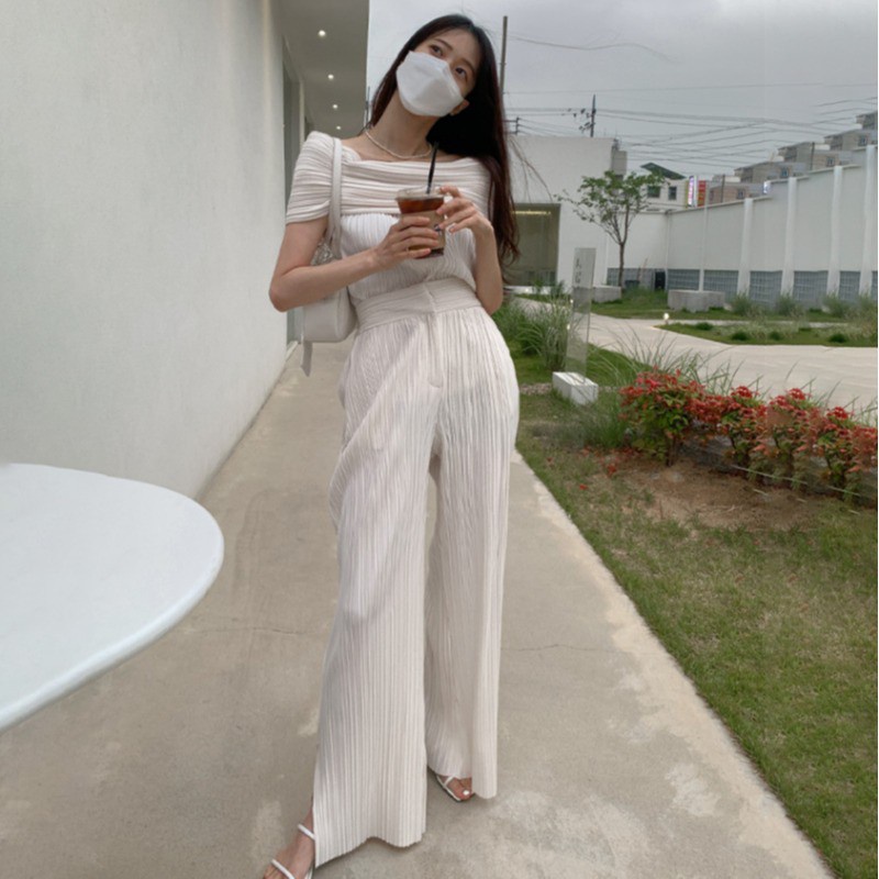 Lightly Mature off-Shoulder Pleated Top+Split Chiffon Wide-Leg Pants Fashion Socialite Elegant Outfit Women's Summer