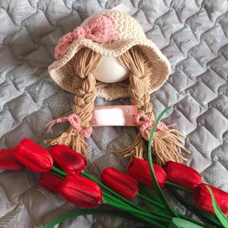 Nón len có 2 bím tóc dành cho bé gái handmade