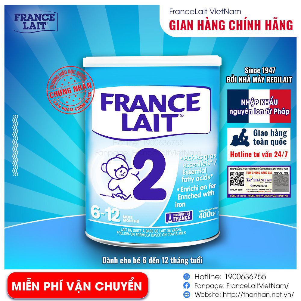 Sữa Công Thức France Lait 2 Pháp Chắc Khỏe Xương Phát Triển Trí Não Dành Cho Bé 400g/900g