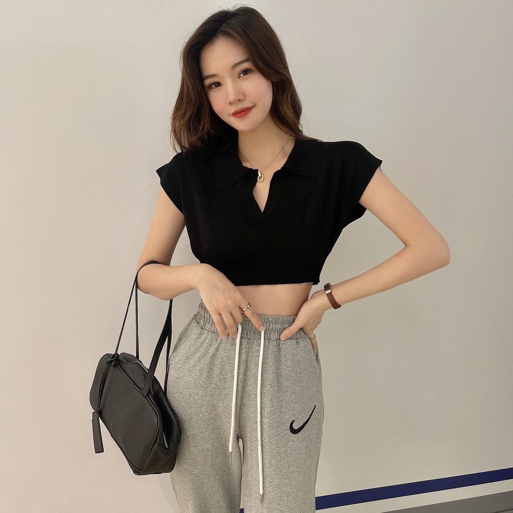 Xiaozhainv Áo lửng dệt kim tay ngắn phong cách cổ điển Hàn Quốc thời trang mùa hè cho nữ với 4 màu tùy chọn