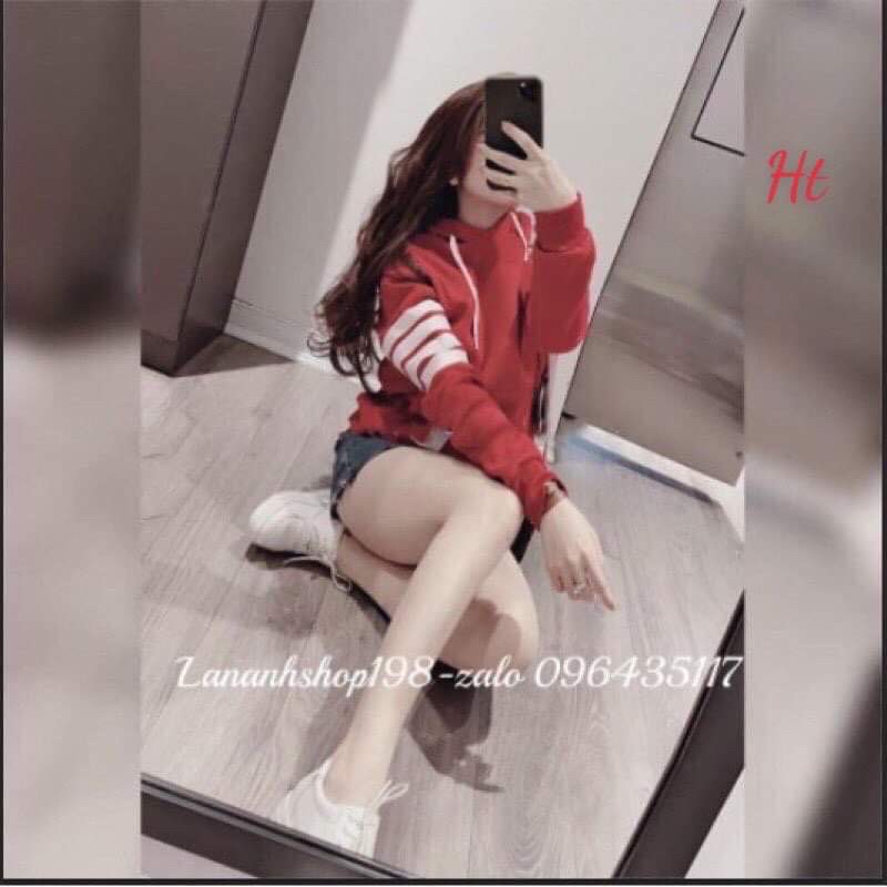Áo hoodie cotton đỏ sọc mác túi HT12