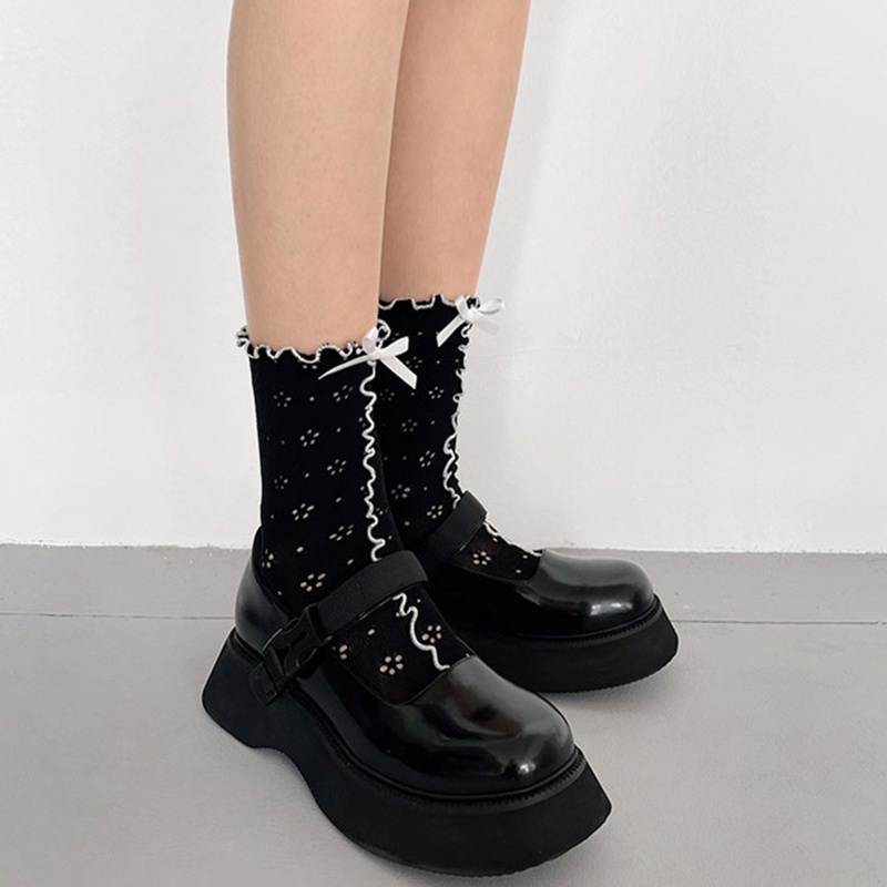 Xixi Vớ Ống Lửng Phối Bèo Và Nơ Họa Tiết Hoa Màu Tương Phản Phong Cách Lolita Ngọt Ngào Cho Nữ