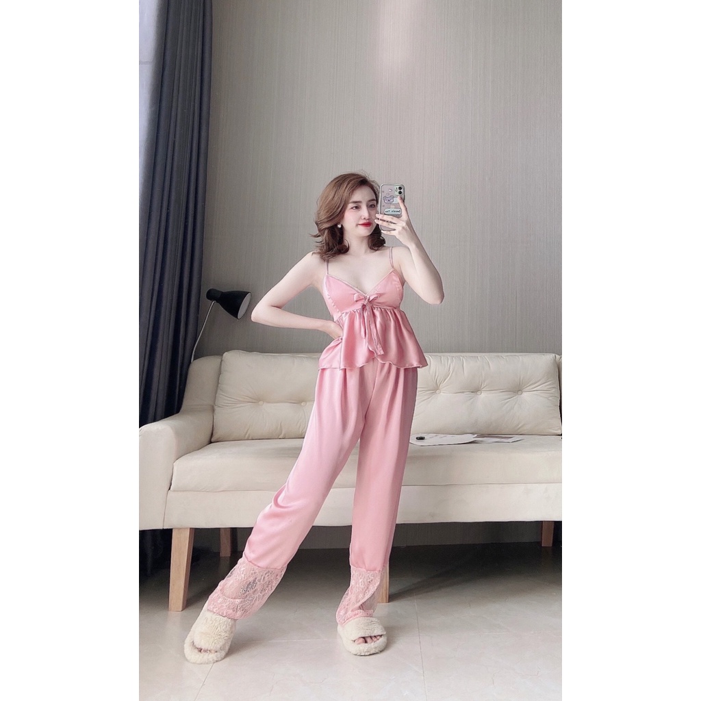 Bộ ngủ nữ hai dây IMODA - Đồ ngủ nữ sexy hai dây có đệm ngực, chất satin phối ren, free side từ 45 -60kg | BigBuy360 - bigbuy360.vn