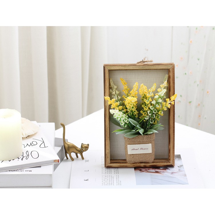 Hoa giả trang trí kiểu khung ảnh treo tường, hoa oải hương KHALIK - chậu hoa bằng vải bố kèm khung ảnh bằng gỗ - HF016-1