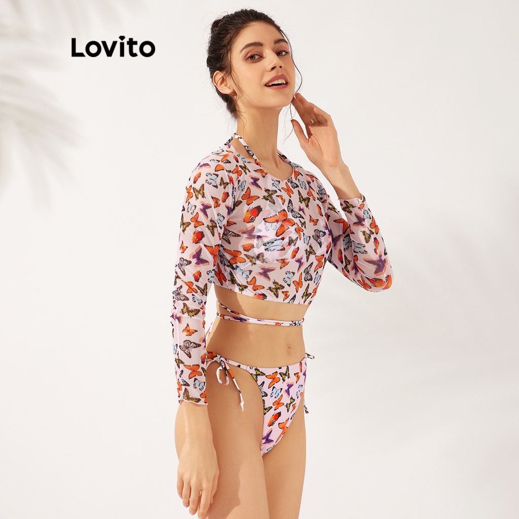 Set bikini Lovito thắt nơ hình bướm áo dài tay cổ tròn miếng đệm có thể tháo rời L23AD062 (nhiều màu sắc)