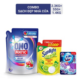 [Bebu123] Combo OMO MATIC bền đẹp cửa trước túi 2.3KG, SUNLIGHT Nước rửa chén Chanh túi 1.4kg + VIM viên treo bồn cầu la