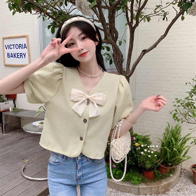 Áo Sơ Mi Tay Phồng Cổ Chữ V Phong Cách Hàn Quốc Thời Trang Cho Nữ