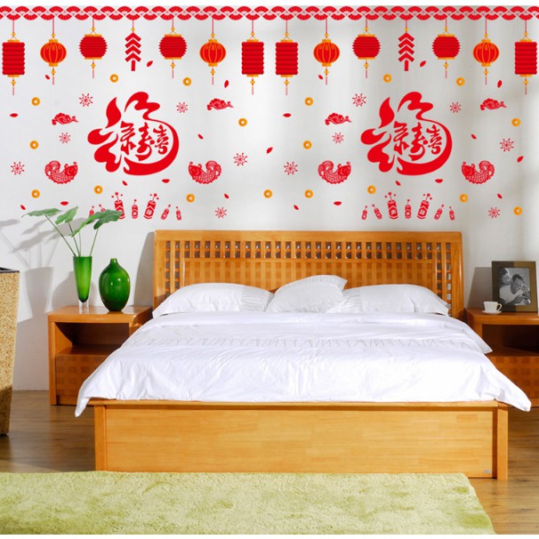 Decal trang trí tết - Chữ lớn kèm lồng đèn dây