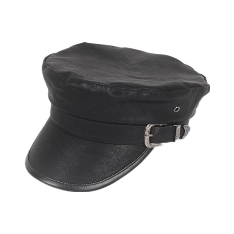 Korean Style Leather Flat Navy Hat Female Octagonal Hat Fashion Black Retro Duck Tongue Beret Painter Hat Short Brim Hat