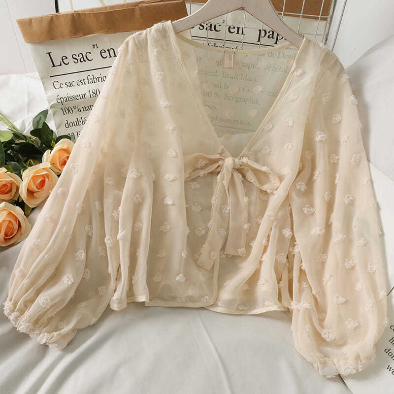 Áo Nữ Tay Dài Dáng Rộng Họa Tiết Chấm Bi Thời Trang Xinh Xắn