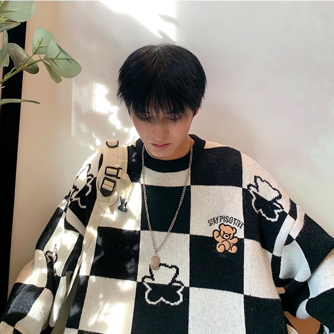 Áo sweater chui đầu kẻ caro họa tiết gấu dáng rộng phong cách Hàn Quốc thời trang thu đông cho nam