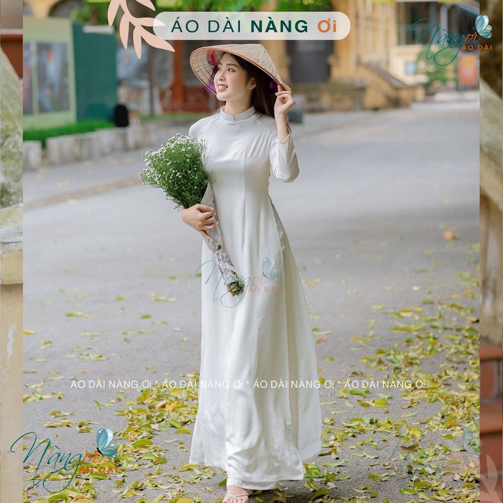 Áo dài trắng nữ học sinh đi học cấp 3 cổ vuông chụp hình kỷ yếu truyền thống may sẵn lụa nhật có lớp lót AD90044