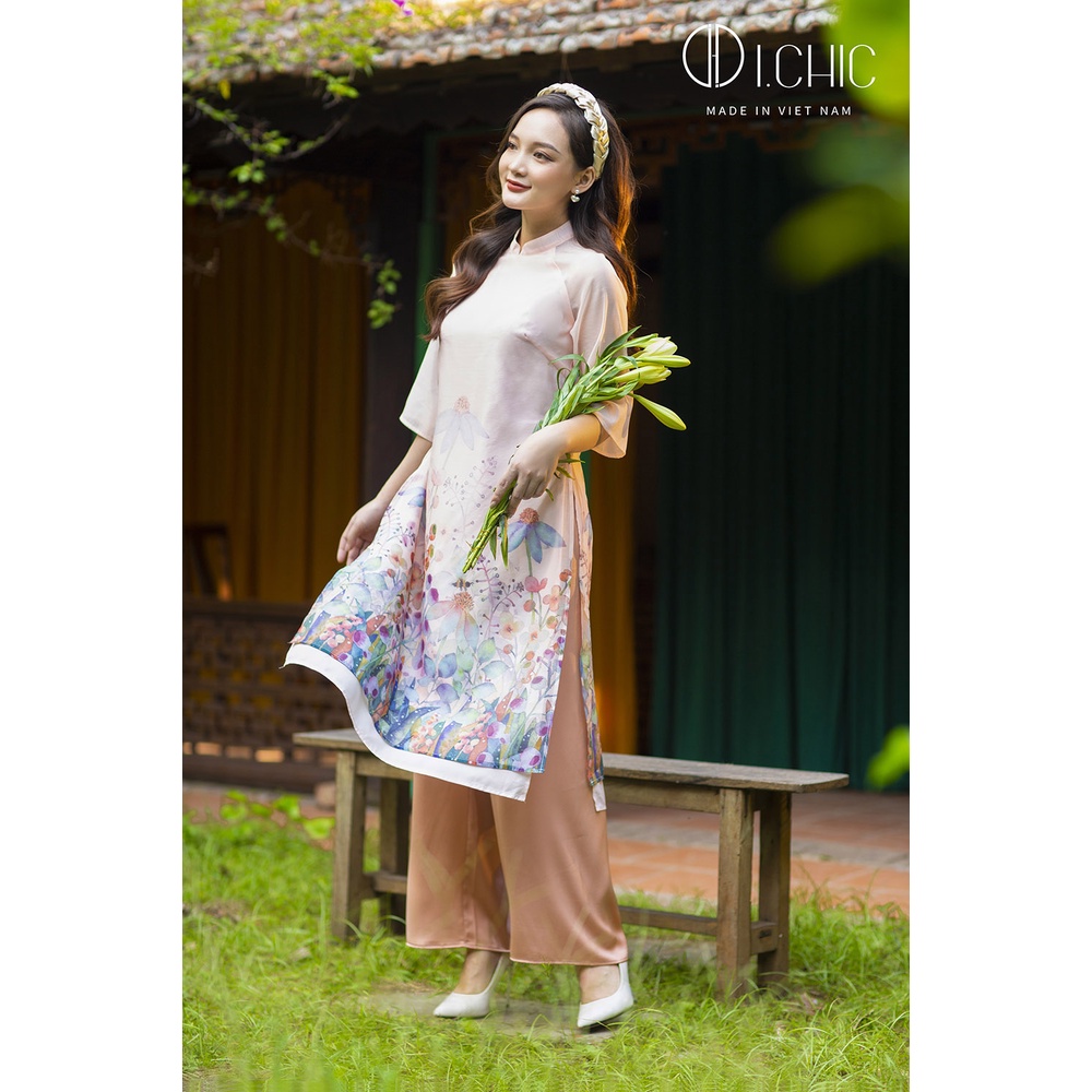 ICHIC - Áo Dài Cách Tân Hương Xuân Be Thiết Kế Tơ Cao Cấp