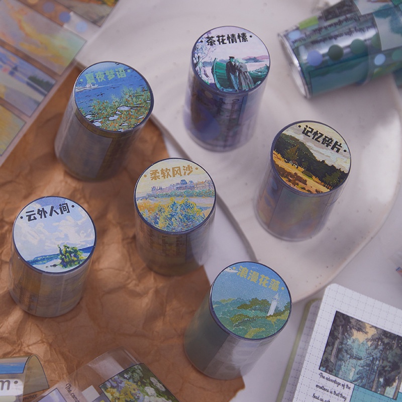 Băng keo washi tape phong cảnh kèm chữ giấy PET - 6 mẫu