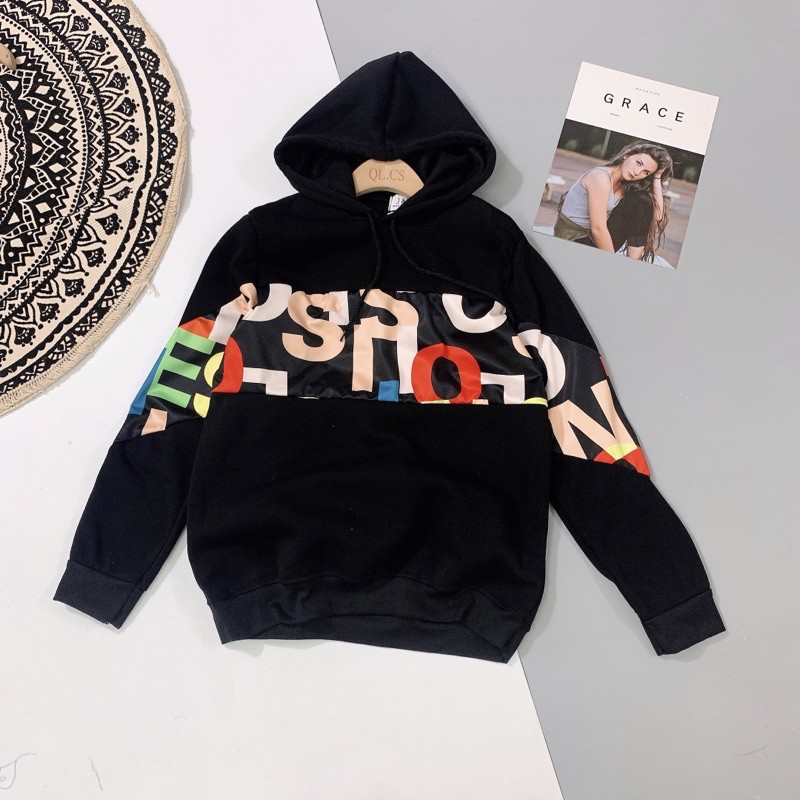 Áo Hoodie Nữ Hàn Quốc Phối Chữ GRA Cực Cá Tính  Áo Nỉ Nữ Đen Dáng Rộng In Chữ Dài Tay Có Mũ So Hot