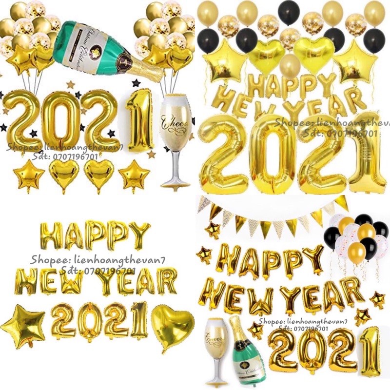 (Tặng bơm + Keo dán) Set bóng Happy New Year trang trí chúc mừng năm mới (nhiều mẫu)