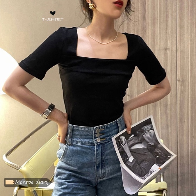 Áo dệt kim ZHELIHANGFEI tay ngắn cổ vuông gợi cảm thời trang