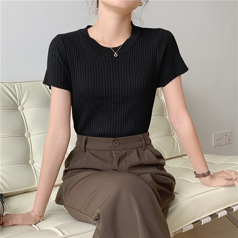 Áo Thun Dệt Kim Mỏng Tay Ngắn Cổ Tròn Thời Trang Hàn Quốc Cho Nữ