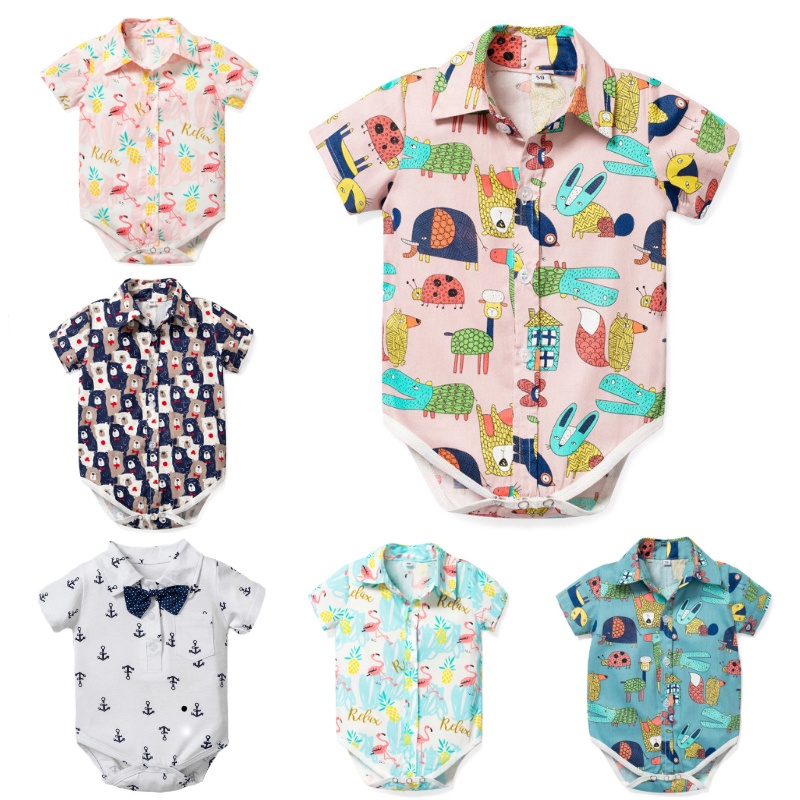 Bộ Áo Liền Quần Cotton Ngắn Tay Cổ Polo In Họa Tiết Tam Giác Thời Trang Cho Bé Trai 0-18 Tháng Tuổi
