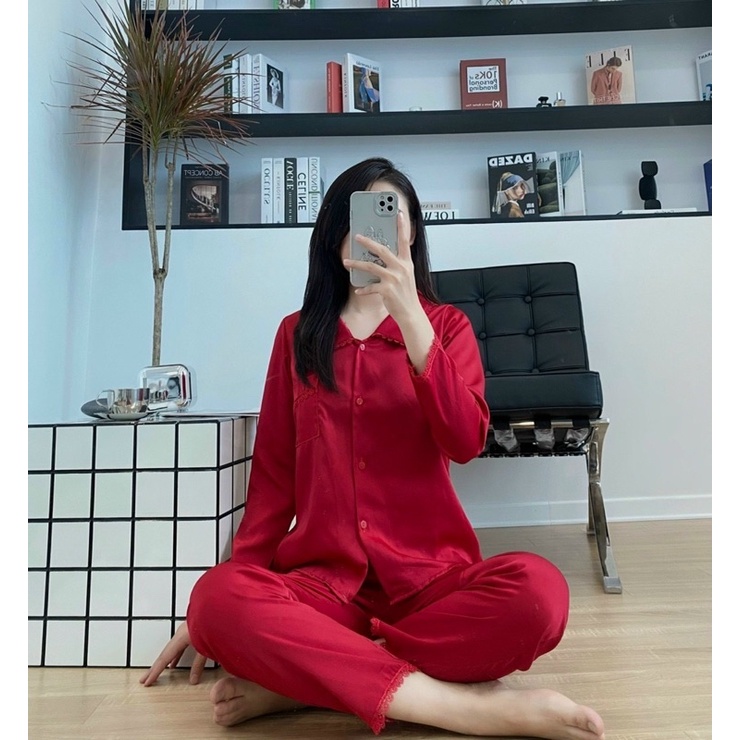 Bộ Pijama Chất Lụa Latin Trơn Viền Ren Mặc Nhà Cao Cấp