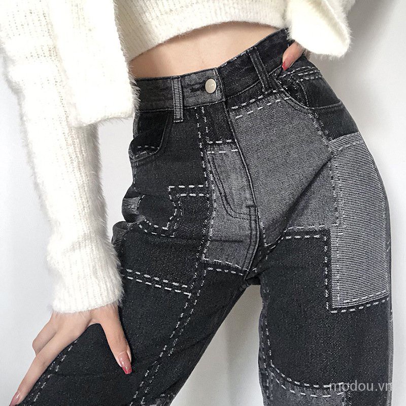 Women New Style Color Block Patchwork Long Straight Denim Jeans