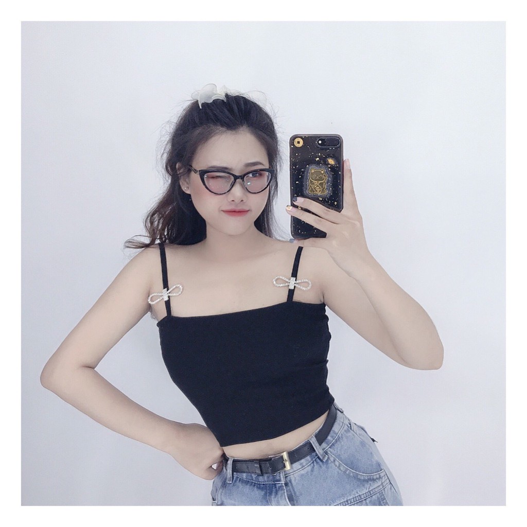 áo croptop 2 dây đính nơ xinh, áo kiểu nữ, áo nữ