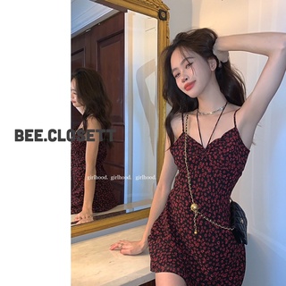 Đầm 2 dây đỏ hoạ tiết hoa nhí dáng ngắn
