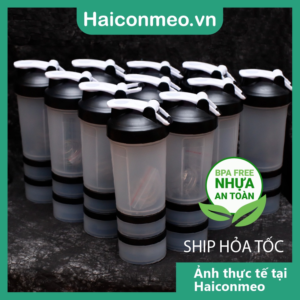 Bình lắc shaker whey nhựa PP5 tập gym bình nước thể thao shaker pha sữa protein kèm 2 hộp đựng bột và quai xách 750ml