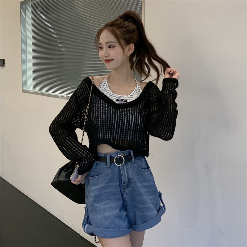 Set áo len lưới dệt kim dày tay mỏng nhẹ xuyên thấu cổ V
