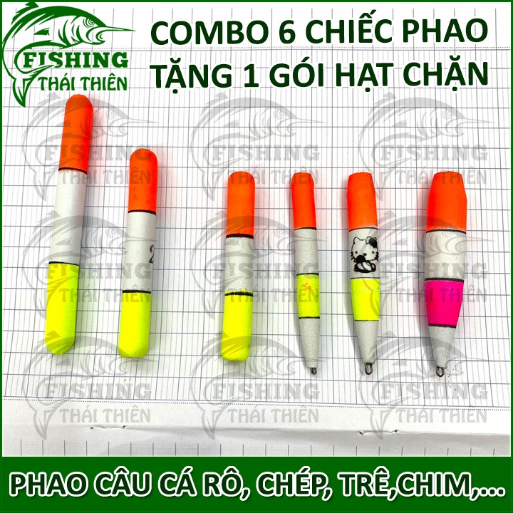 Combo 6 phao câu cá bằng mút tặng kèm 1 gói hạt chặn dùng câu cá rô, cá chép, cá trê,...