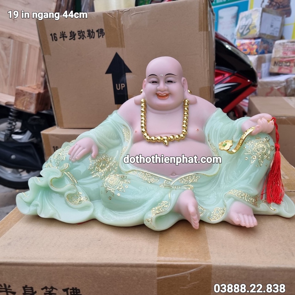 Tượng Phật Di Lặc đá 12in ngang 27cm màu xanh ngọc nhiều kích thước