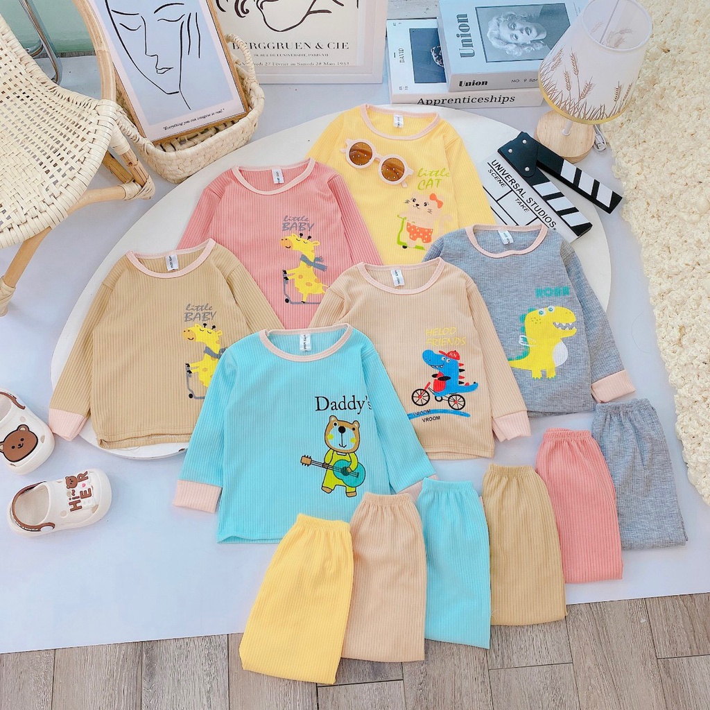 Bộ Đồ Bé Gái, Bé Trai Thun Lạnh, Bộ Quần Áo Dài Tay Len Gân Tăm D25