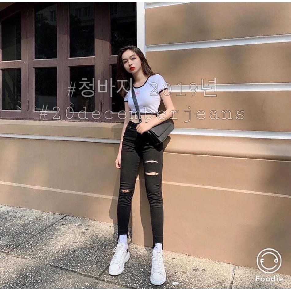 quần jean nữ đen rách 3 đường co giãn tạo phong cách cho riêng bạn