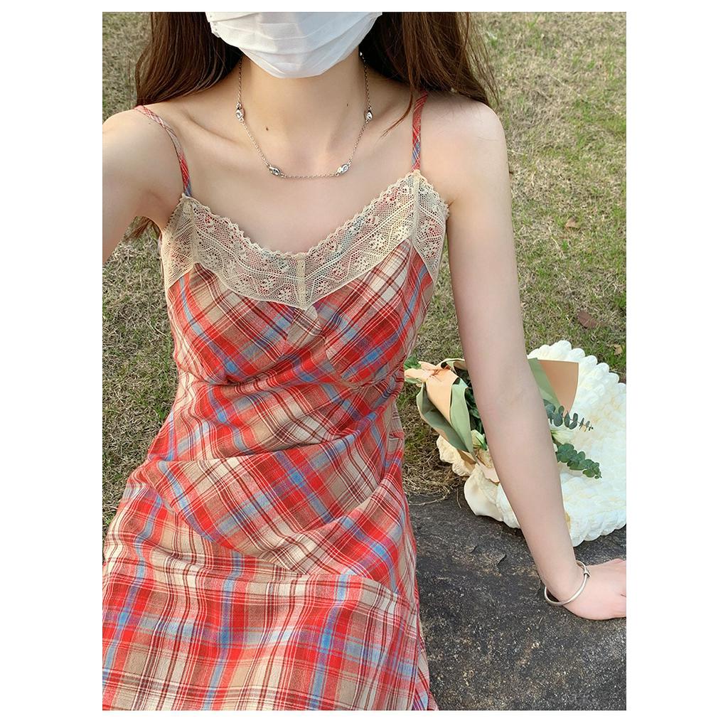 Đầm maxi Hai Dây Cổ Chữ V Phối Ren Họa Tiết Kẻ Sọc Ngọt Ngào Phong Cách Vintage Thời Trang Mù