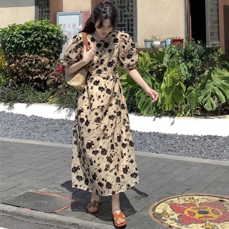 Đầm Dài Đến Gối Tay Phồng In Họa Tiết Hoa Phong Cách Retro Thời Trang Mùa Hè Mới