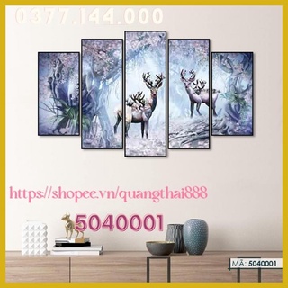 Bộ 5 Tấm Tranh Canvas tráng gương Phong Thủy Hươu treo tường phòng khách phòng ngủ trang trí nhà cửa 5040001