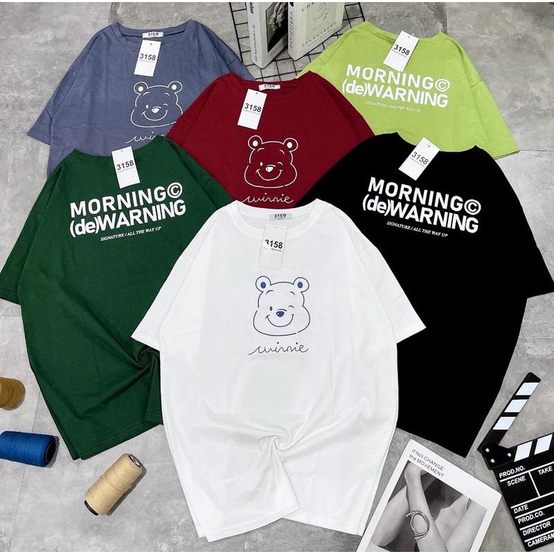 Áo phông nam nữ form rộng tay lỡ in 2 mặt gấu pooh